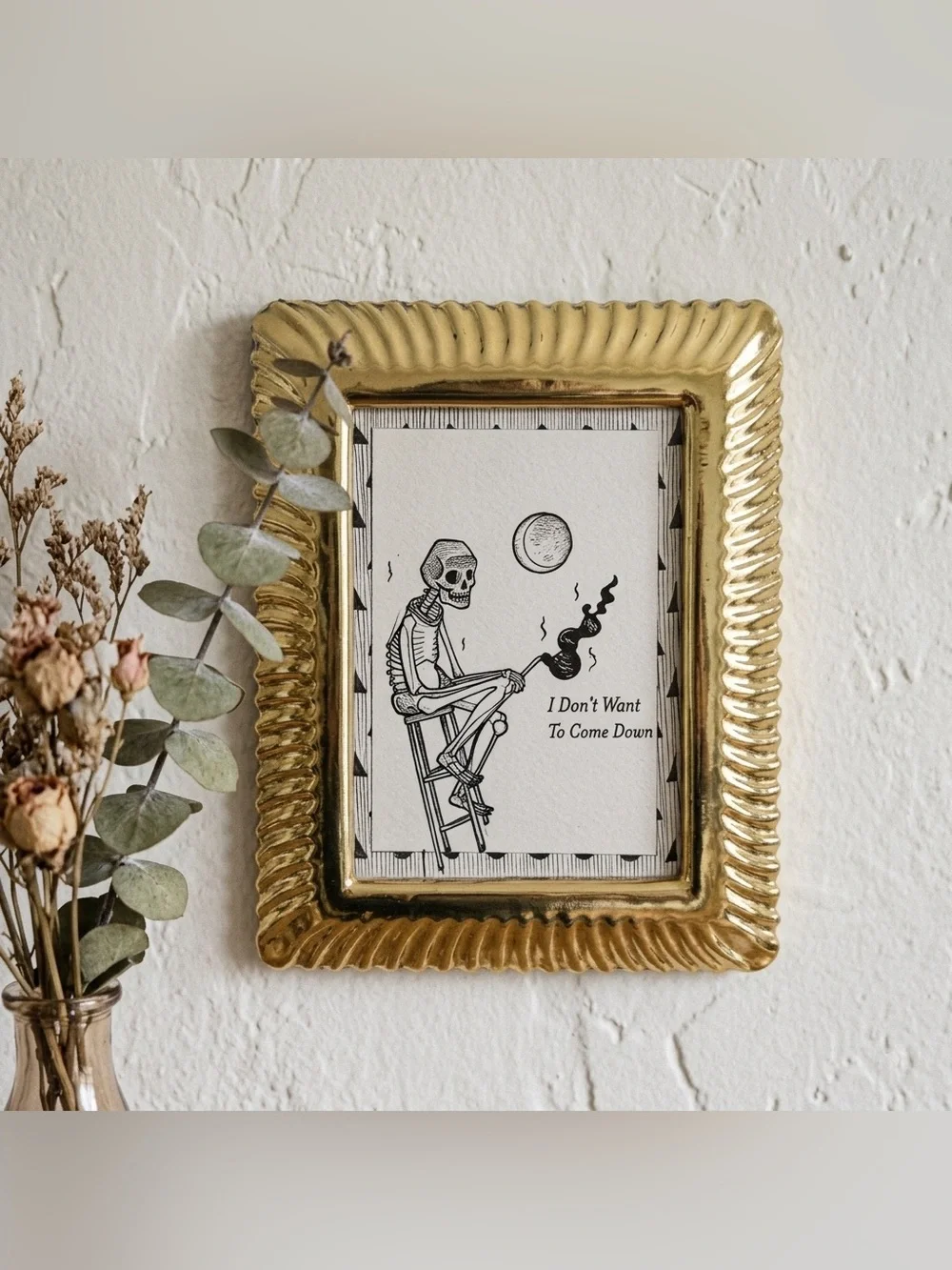 Vintage Brass Scalloped Framed Skeleton Art Whimsigoth Dark Boho Decor 7.5x9.5”